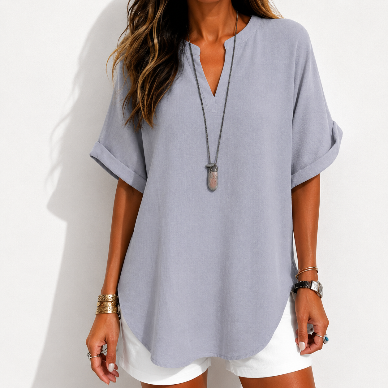 🔥Women's Plain Short Sleeve Blouse, Casual Solid Color Top for Daily Wear, Ladies Clothes for All Seasons