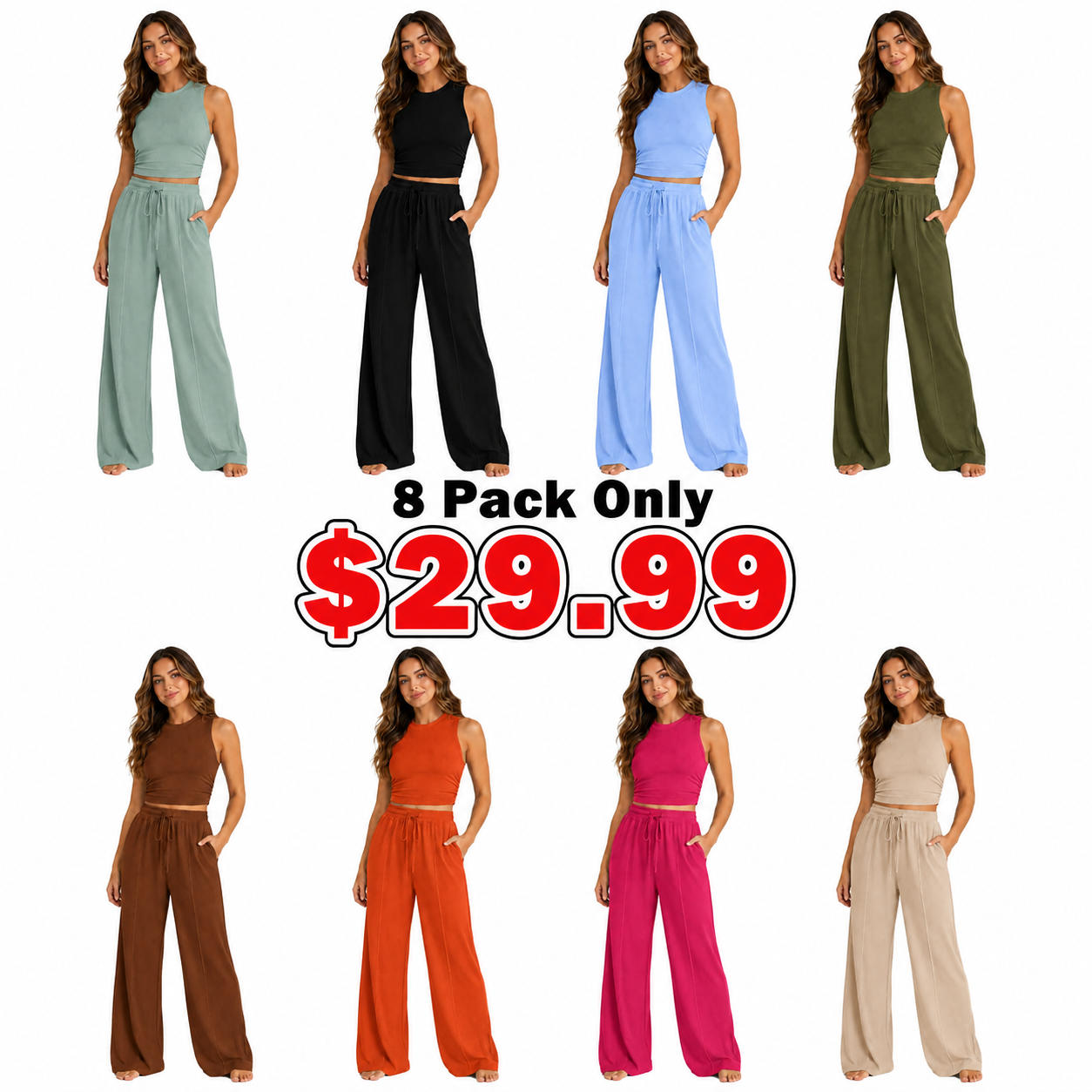 Women's Summer 2-Piece Outfits - Ribbed Knit Crew Neck Sleeveless Cropped Top & Wide Leg Pants Lounge Set