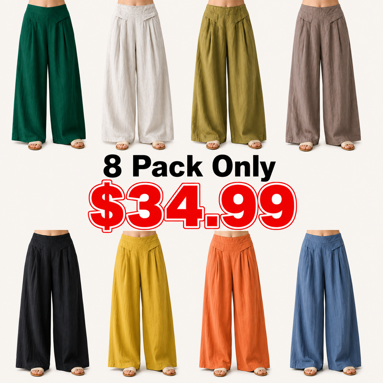AuraLinen Plain Color Cotton Linen High Waist Wide Leg Pants With Pockets