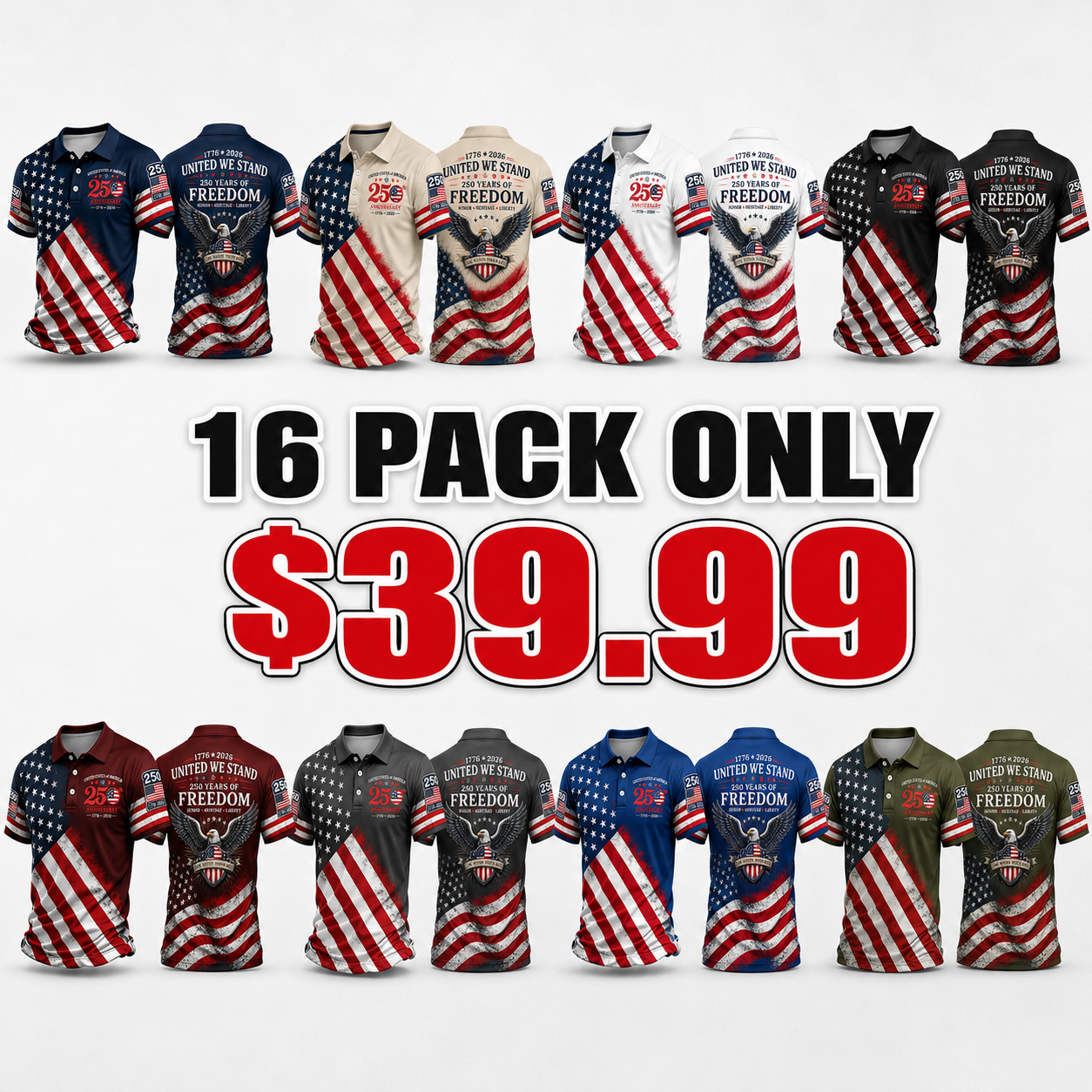Patriotic American Flag Polo Shirt for Men, 250th Anniversary 1776-2026