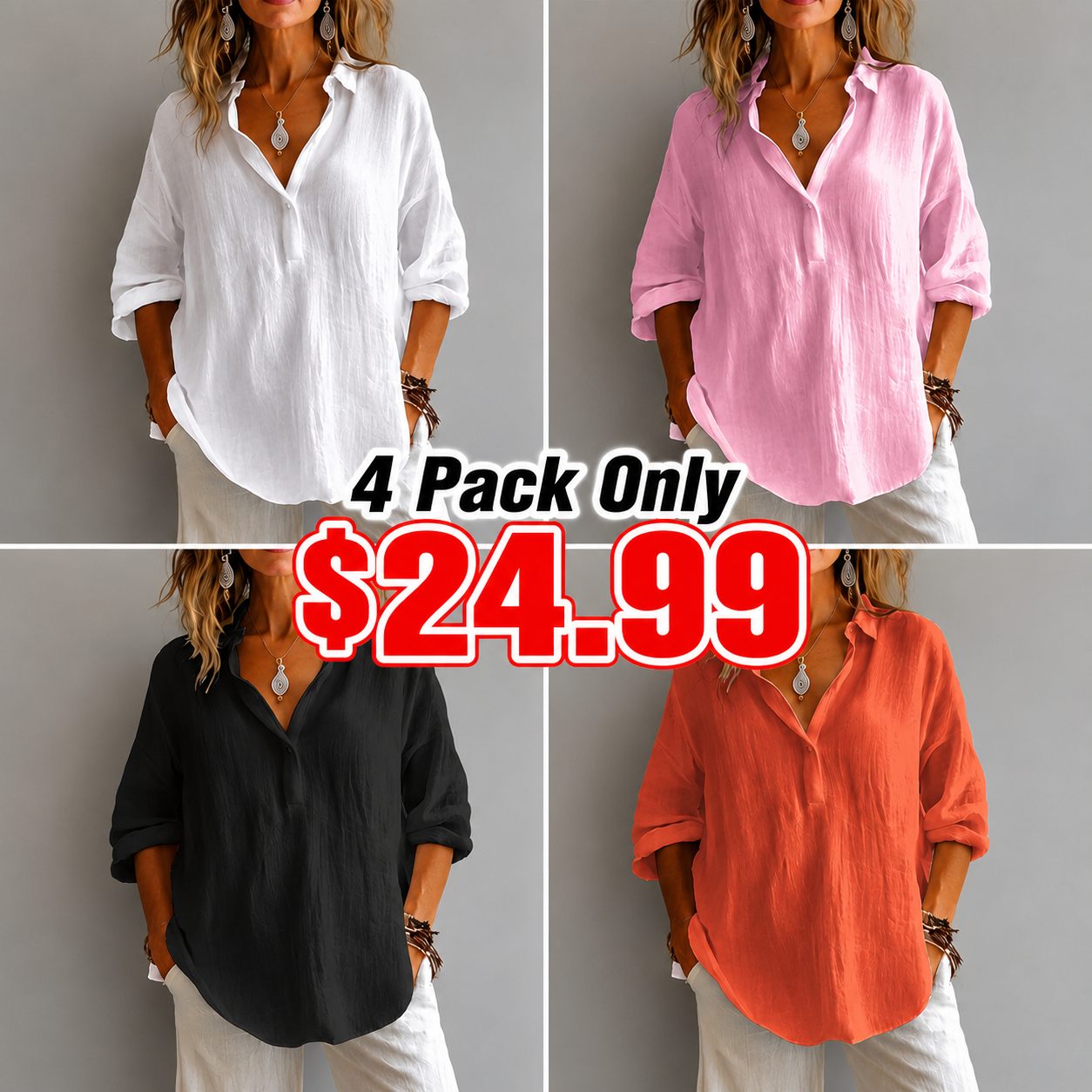 Fashion Long-sleeved Lapel Pullover Shirt Casual Loose Solid Color T-shirt Tops Women's Clothing