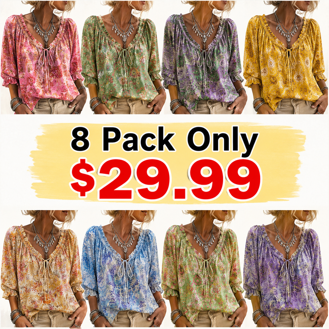 V-Neck Ruffled Lace Up Blouse
