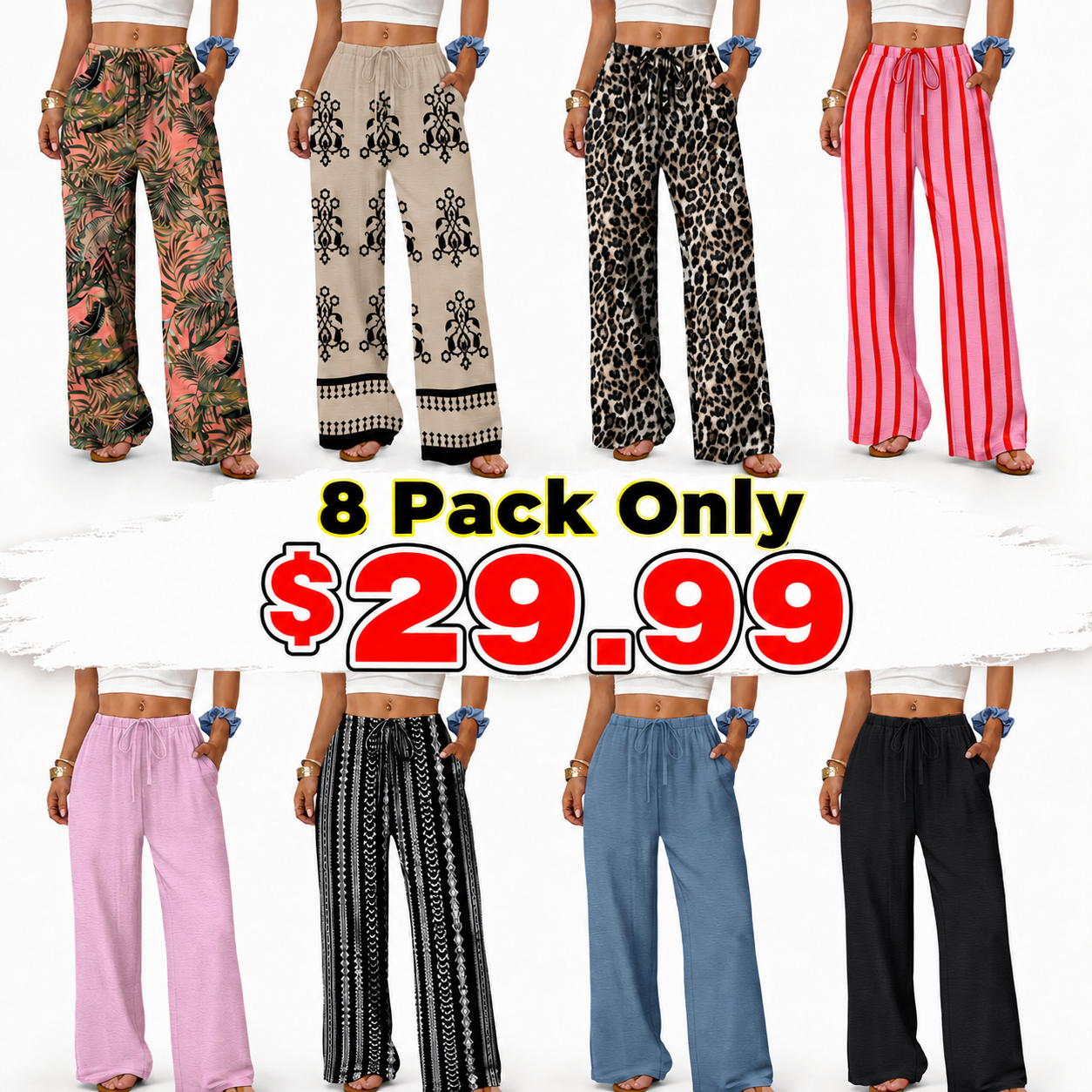 Wide Leg Pants for Women Flowy Palazzo Drawstring Elastic Waist Trousers with Pockets Summer Beach Vacation Clothes