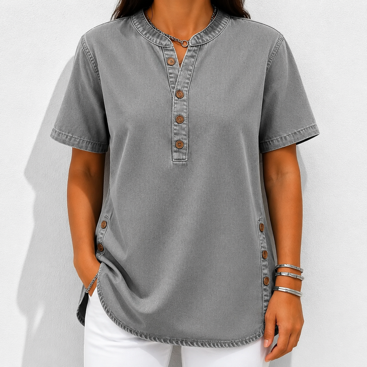 NEW🔥Women's V-neck short-sleeved Casual Button-up Loose Denim Top
