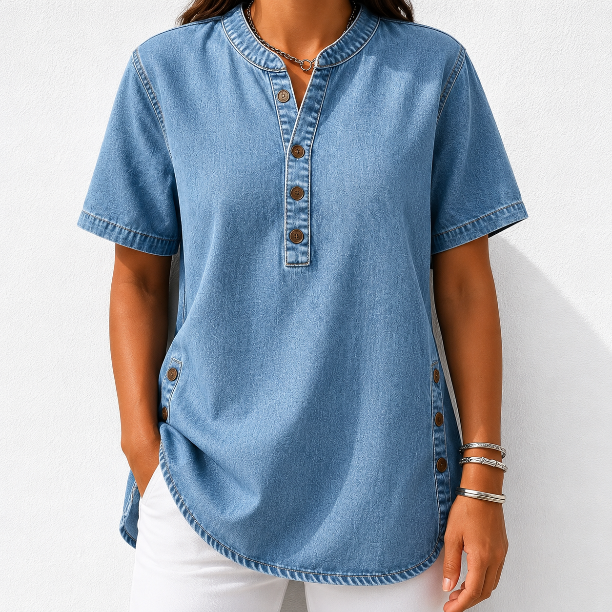 NEW🔥Women's V-neck short-sleeved Casual Button-up Loose Denim Top
