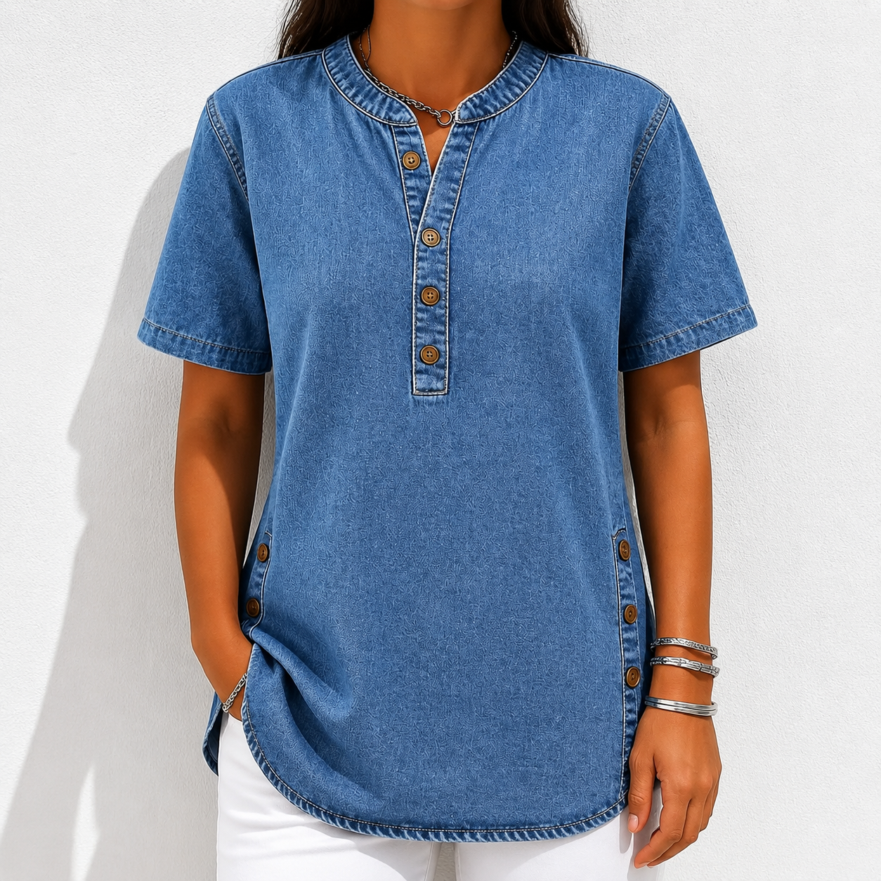 NEW🔥Women's V-neck short-sleeved Casual Button-up Loose Denim Top