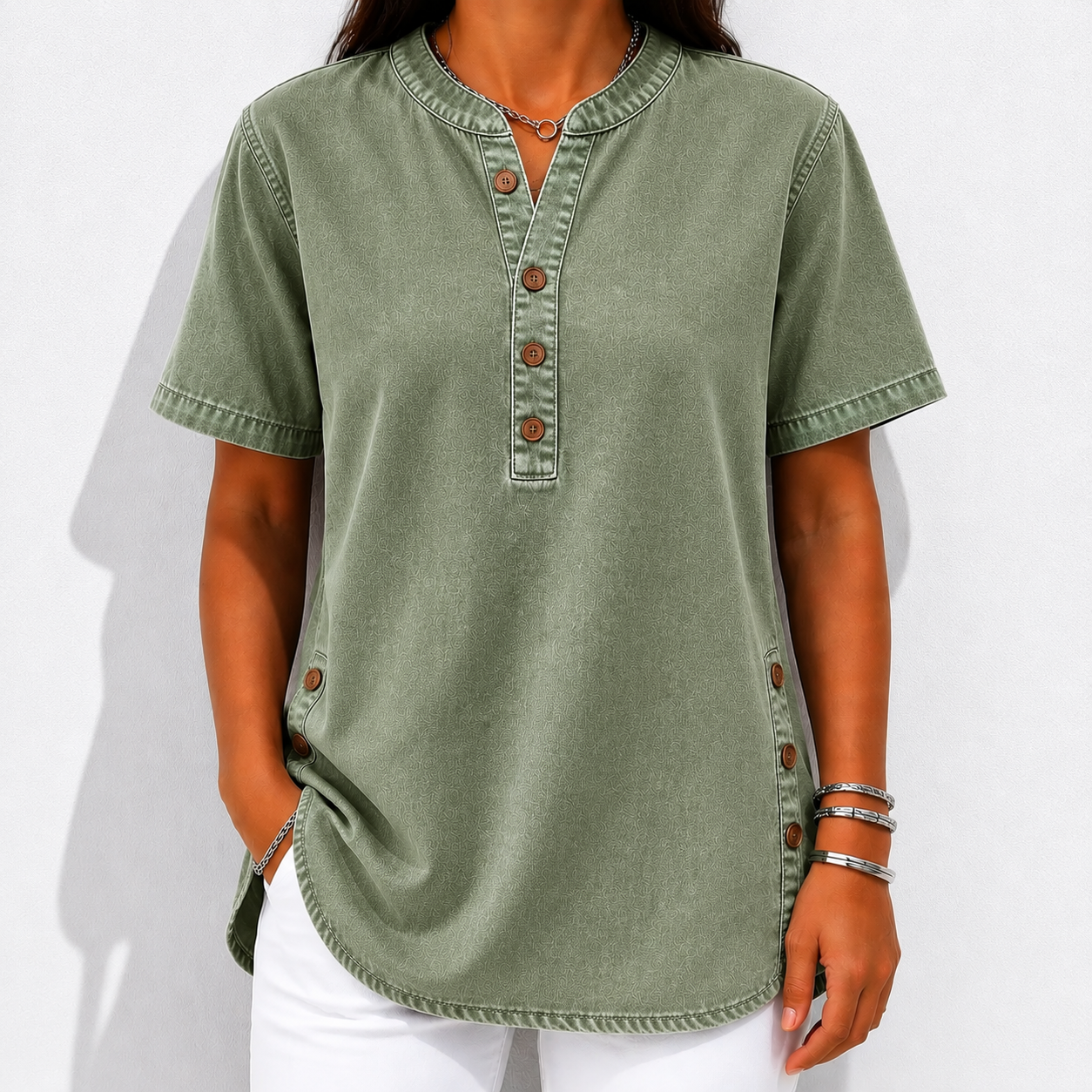 NEW🔥Women's V-neck short-sleeved Casual Button-up Loose Denim Top