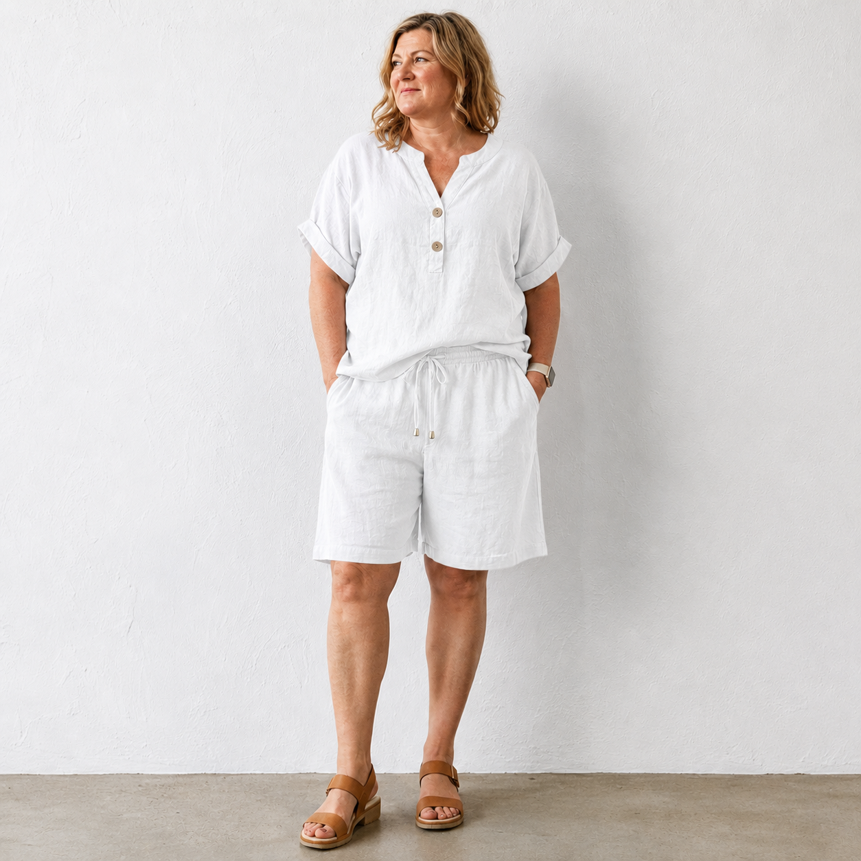 Summer Co Ord Sets for Women Cotton Linen Set 2 Piece Outfits Short Sleeve Button Down Henley Top and Wide Leg Shorts Set Oversized Tracksuits Elegant Travel Loungewear