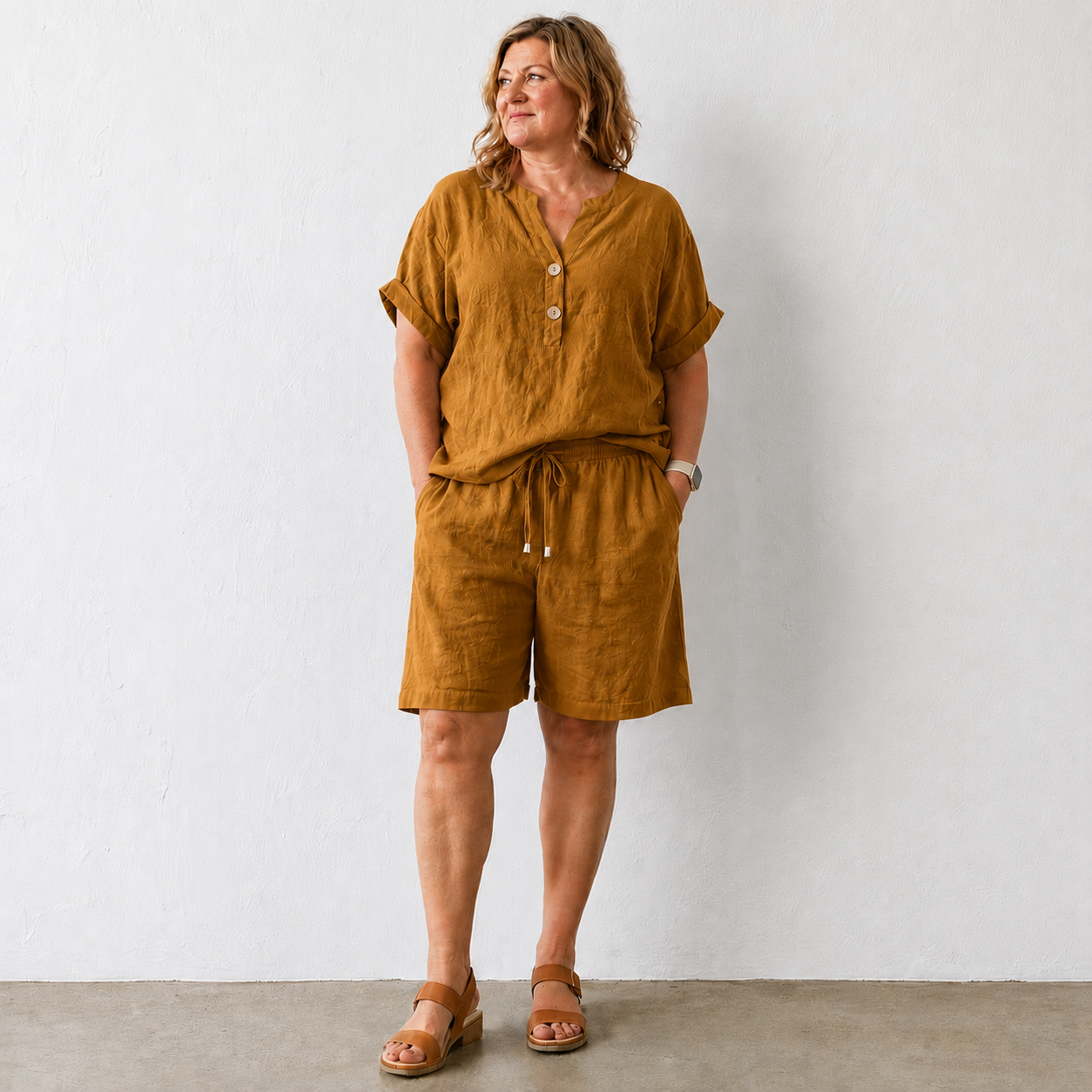 Summer Co Ord Sets for Women Cotton Linen Set 2 Piece Outfits Short Sleeve Button Down Henley Top and Wide Leg Shorts Set Oversized Tracksuits Elegant Travel Loungewear