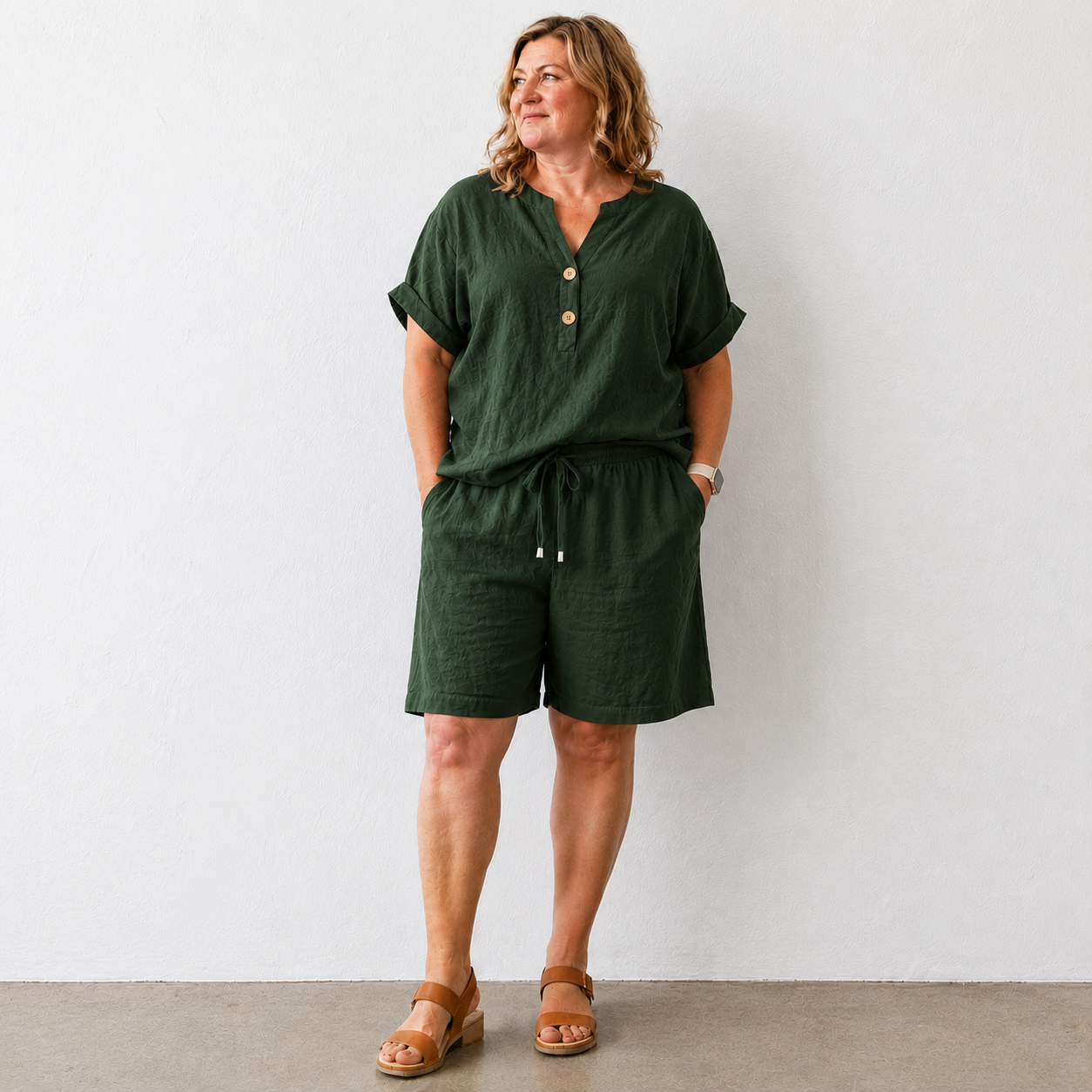 Summer Co Ord Sets for Women Cotton Linen Set 2 Piece Outfits Short Sleeve Button Down Henley Top and Wide Leg Shorts Set Oversized Tracksuits Elegant Travel Loungewear