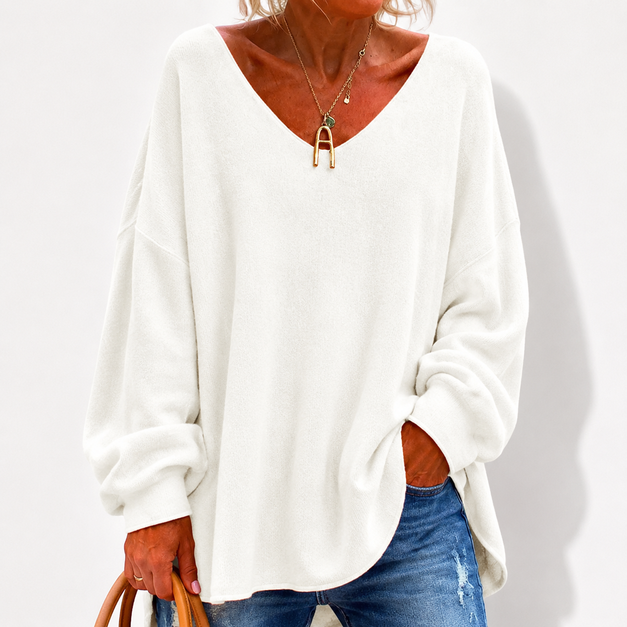 Crew Neck Fuzzy Solid Casual Long Sleeve Women Knitted Shirt