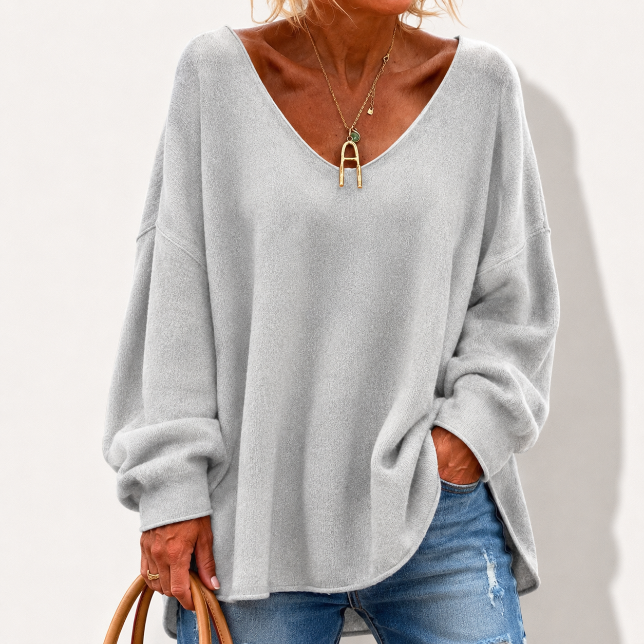 Crew Neck Fuzzy Solid Casual Long Sleeve Women Knitted Shirt