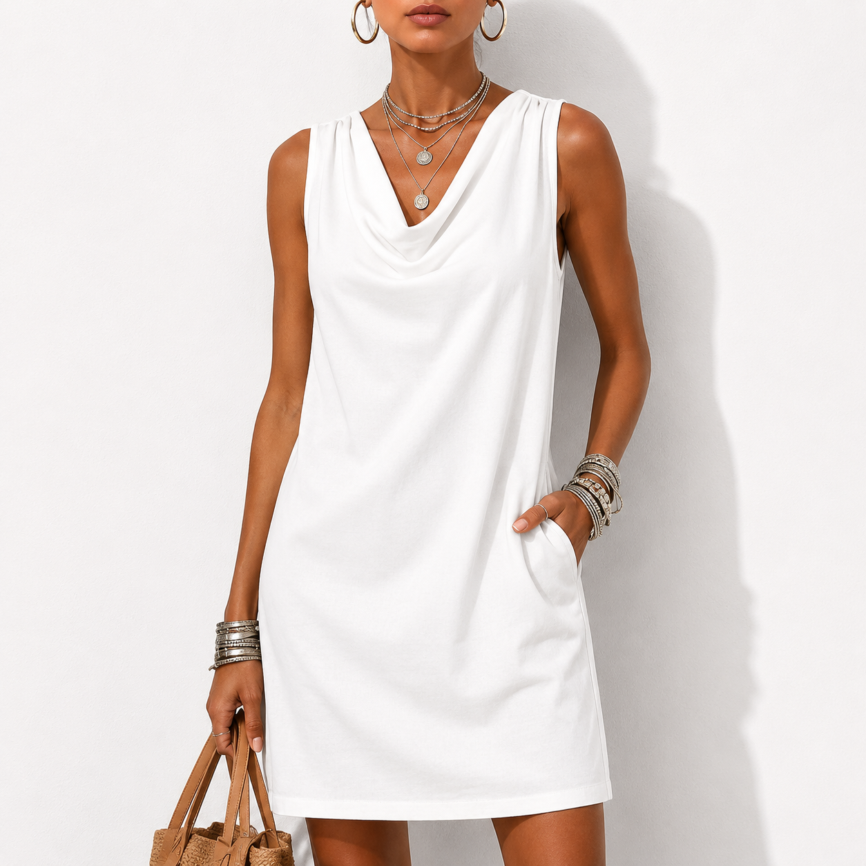 Draped-neck Sleeveless Cotton Dress