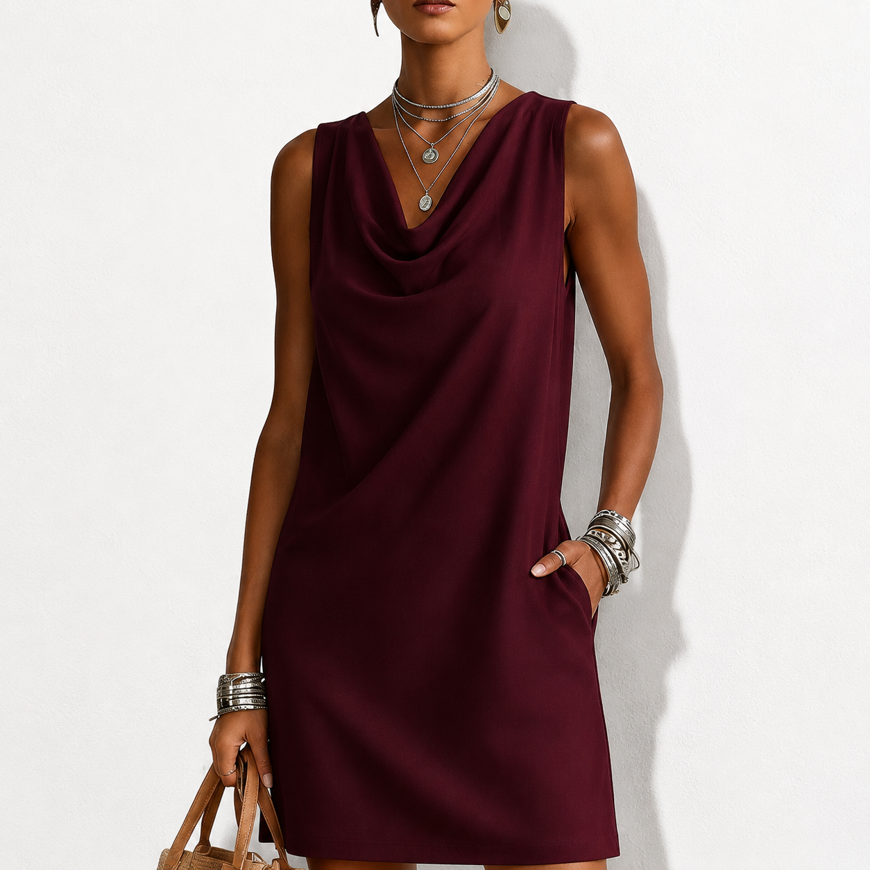 Draped-neck Sleeveless Cotton Dress