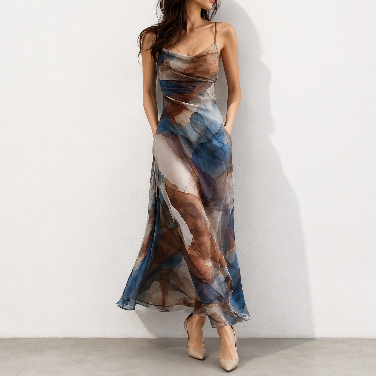Elegant And Flowing Watercolor-print Dress