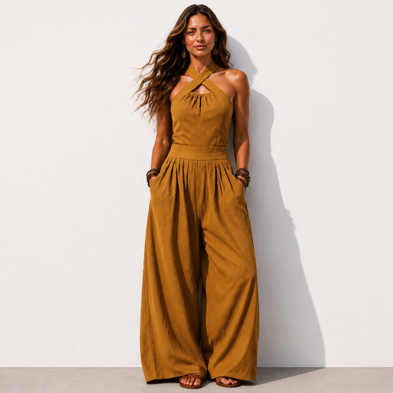 Women's Cross-neck Halter Design Cotton-linen Jumpsuit
