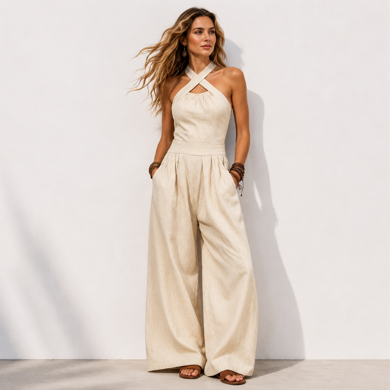 Women's Cross-neck Halter Design Cotton-linen Jumpsuit
