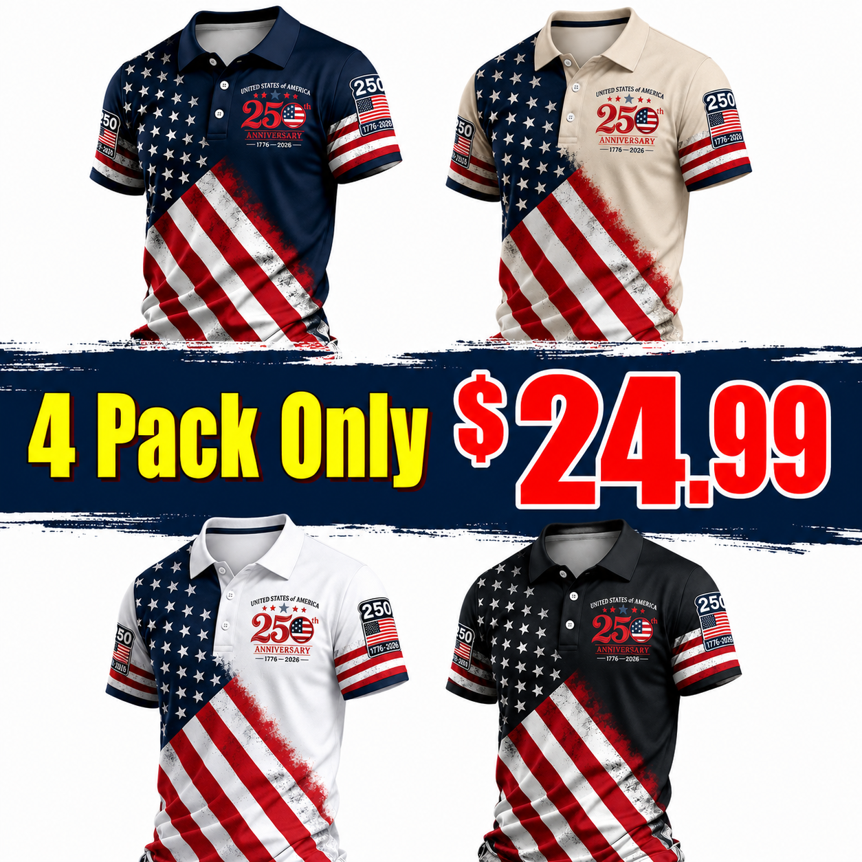 Patriotic American Flag Polo Shirt for Men, 250th Anniversary 1776-2026