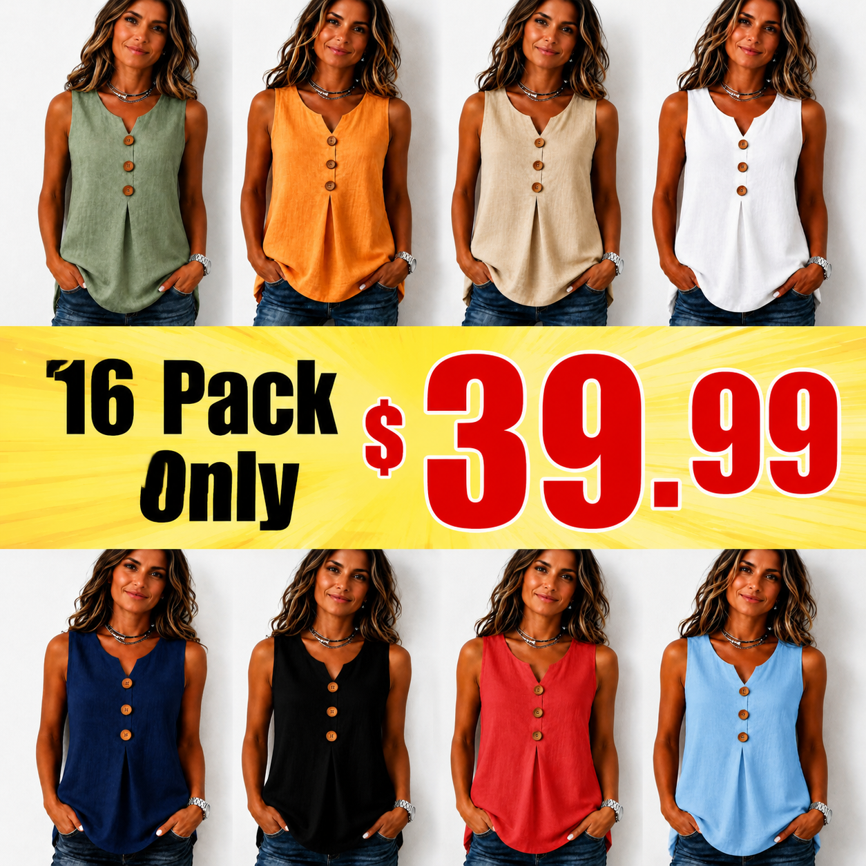 Three-Button Sleeveless Solid Color Tank Top
