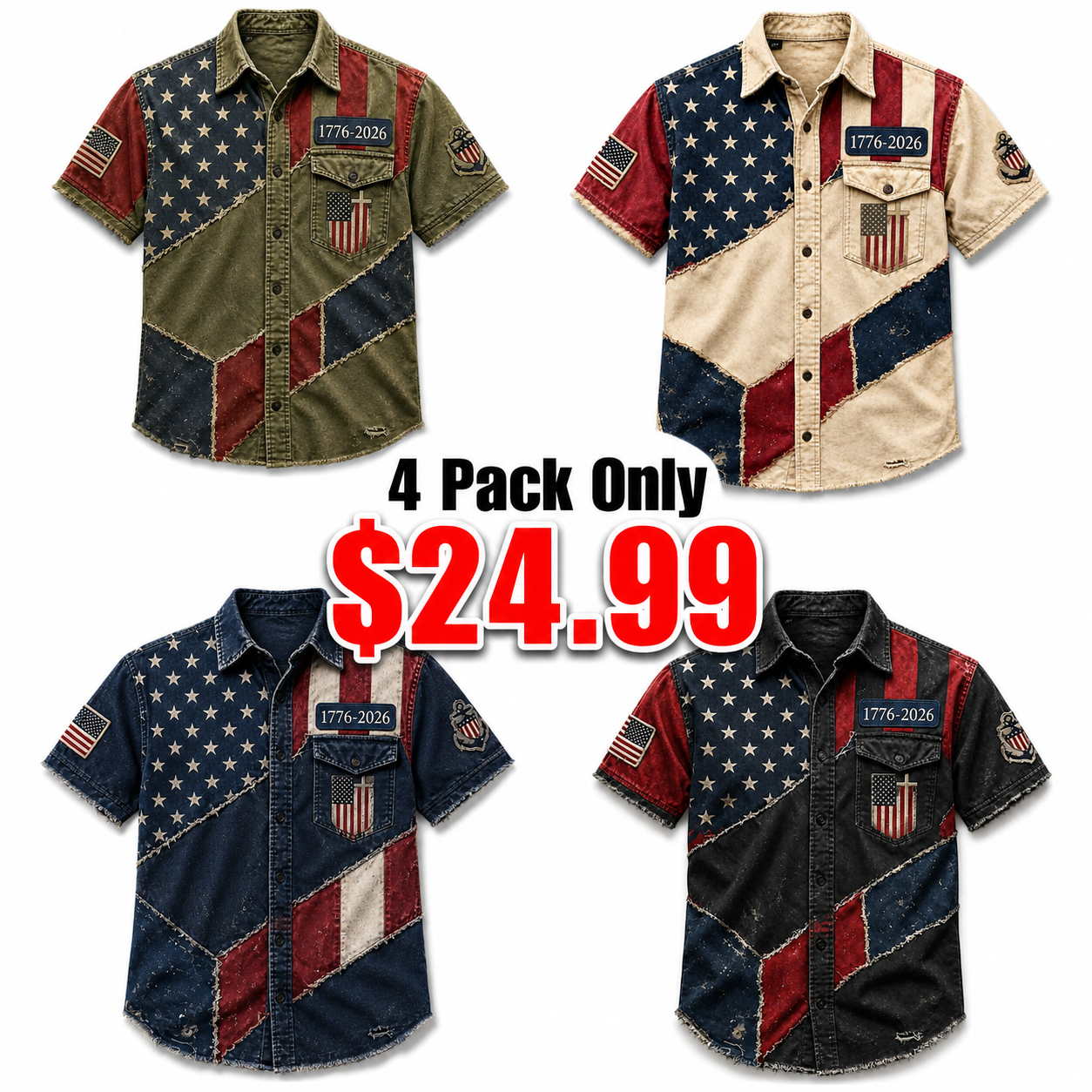 Men's USA 1776-2026 250th Anniversary Vintage Flag Patchwork Short-Sleeve Button-Down Shirt - Distressed Denim Style