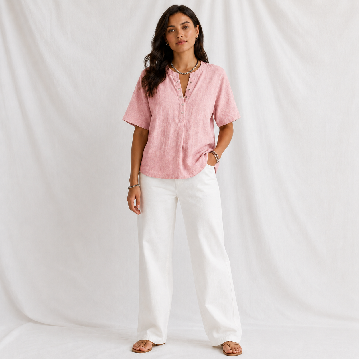 New Arrivals🔥 Women’s Casual Henley Collar Linen And Cotton Short-sleeve Shirt
