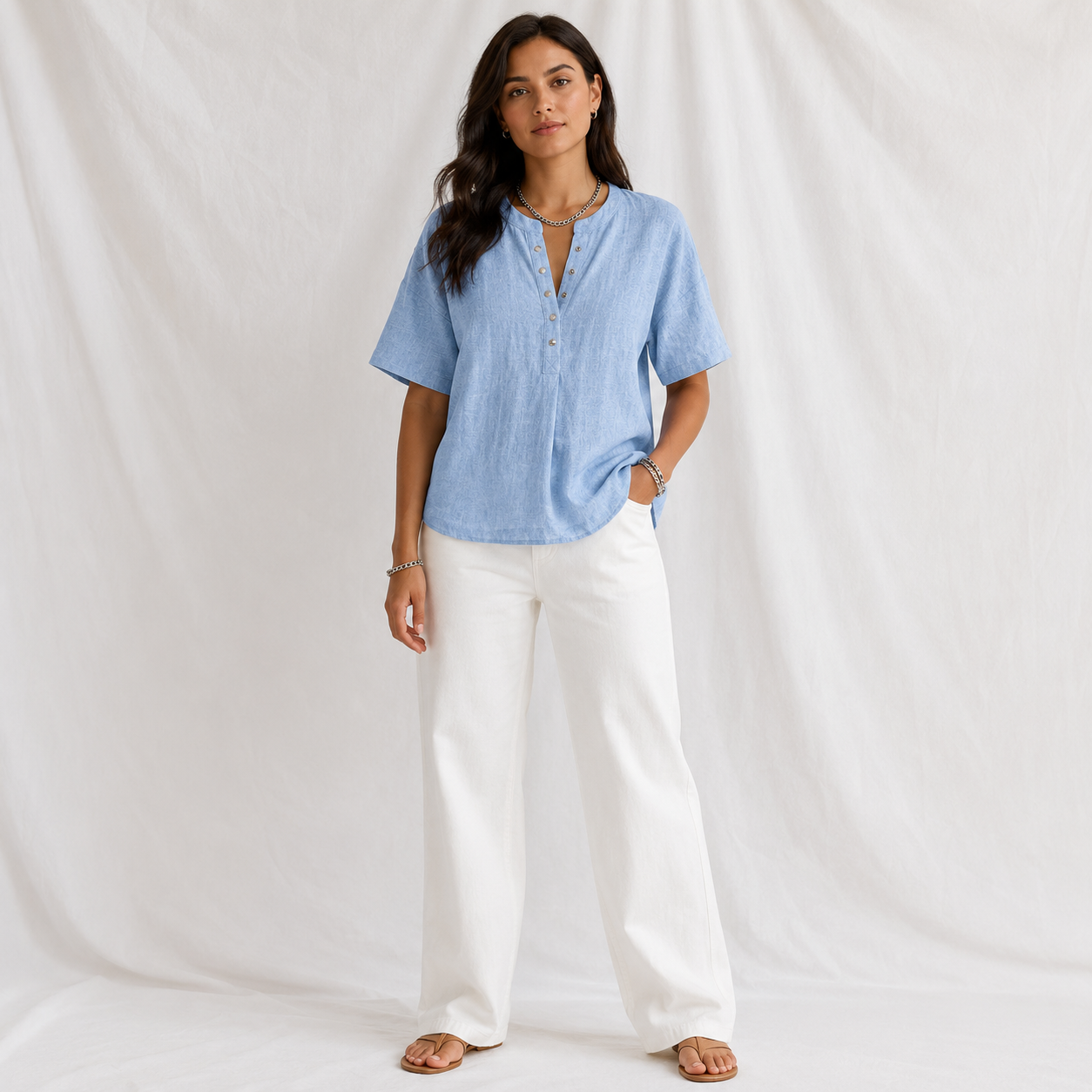 New Arrivals🔥 Women’s Casual Henley Collar Linen And Cotton Short-sleeve Shirt