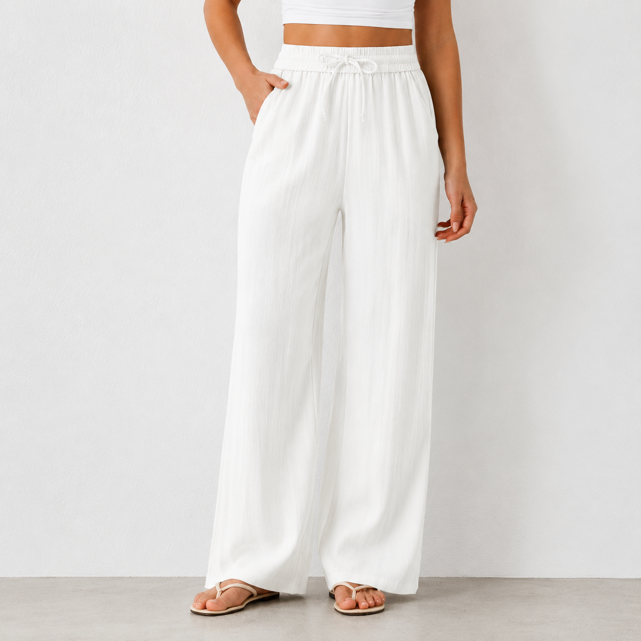High Waisted Drawstring Pocket Wide Leg Casual Linen-Feel Pants