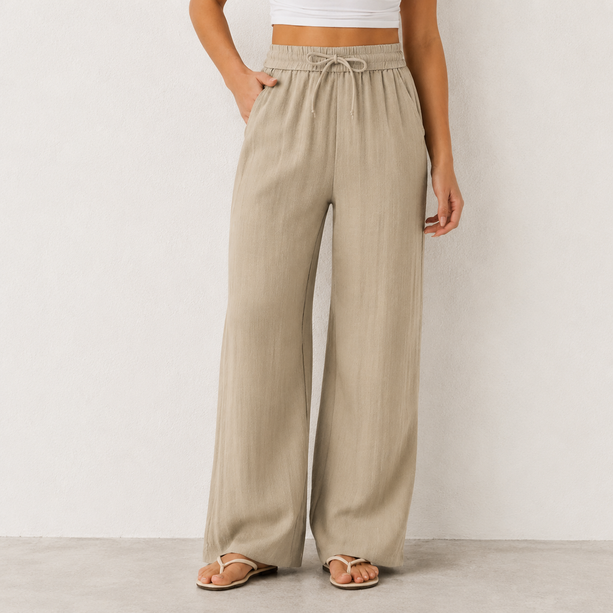 High Waisted Drawstring Pocket Wide Leg Casual Linen-Feel Pants