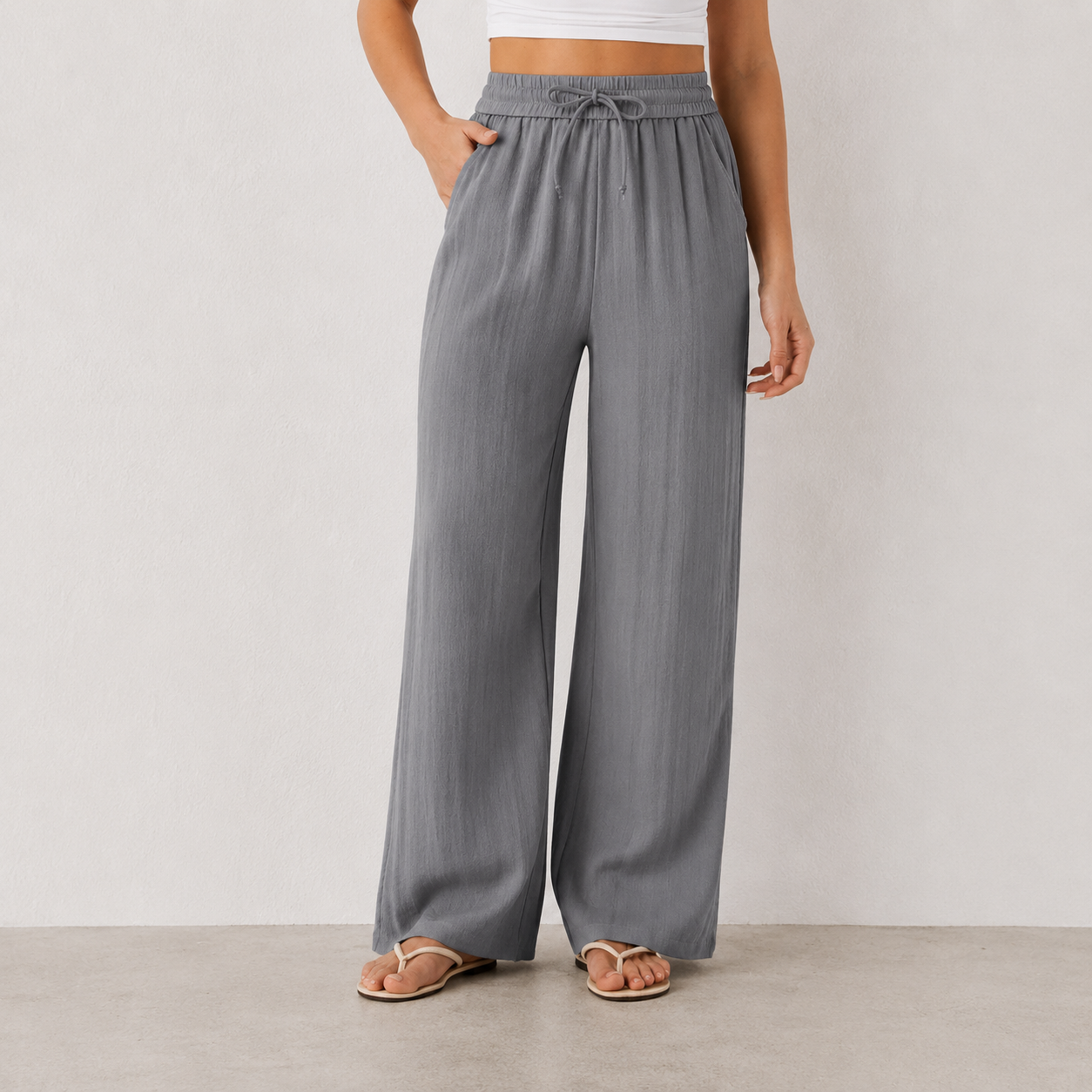 High Waisted Drawstring Pocket Wide Leg Casual Linen-Feel Pants