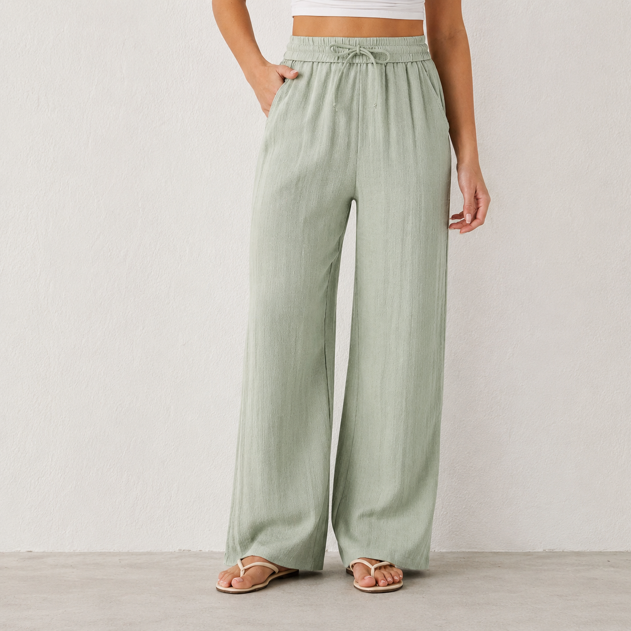 High Waisted Drawstring Pocket Wide Leg Casual Linen-Feel Pants