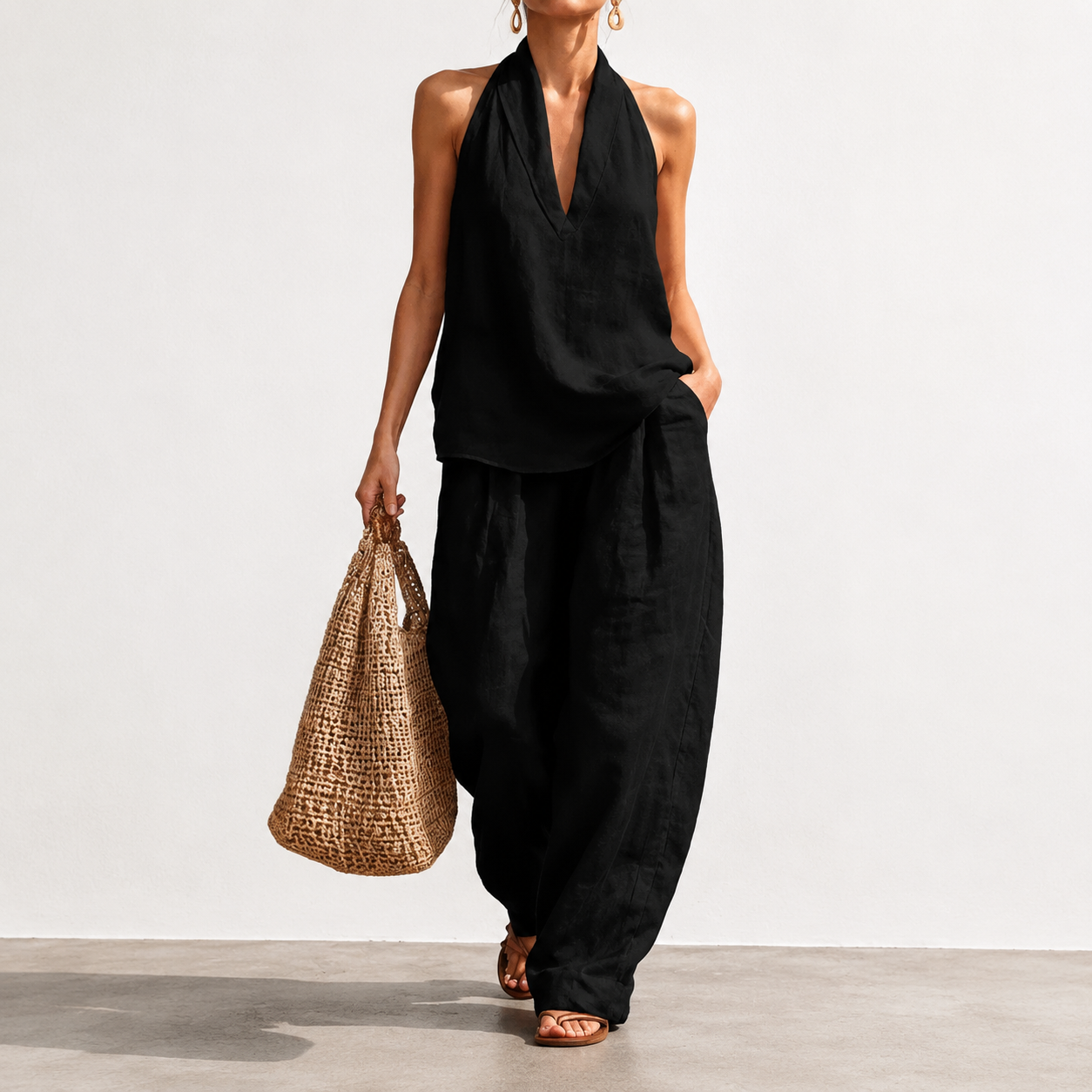Women's Boho Linen Two Piece Set Halter Neck Sleeveless Top & Wide Leg Pants Beach Vacation Brunch Casual Outfit