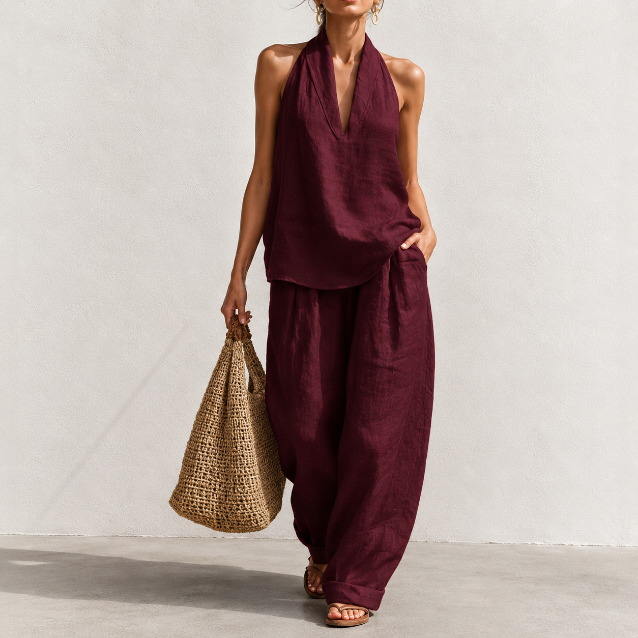Women's Boho Linen Two Piece Set Halter Neck Sleeveless Top & Wide Leg Pants Beach Vacation Brunch Casual Outfit