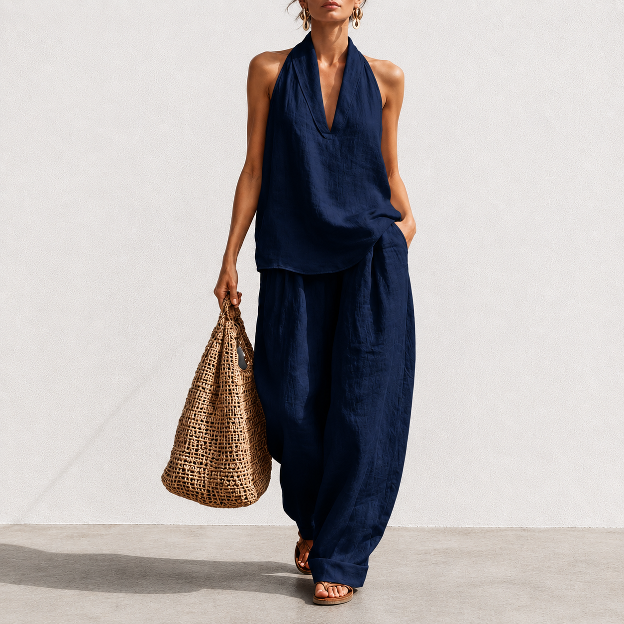 Women's Boho Linen Two Piece Set Halter Neck Sleeveless Top & Wide Leg Pants Beach Vacation Brunch Casual Outfit