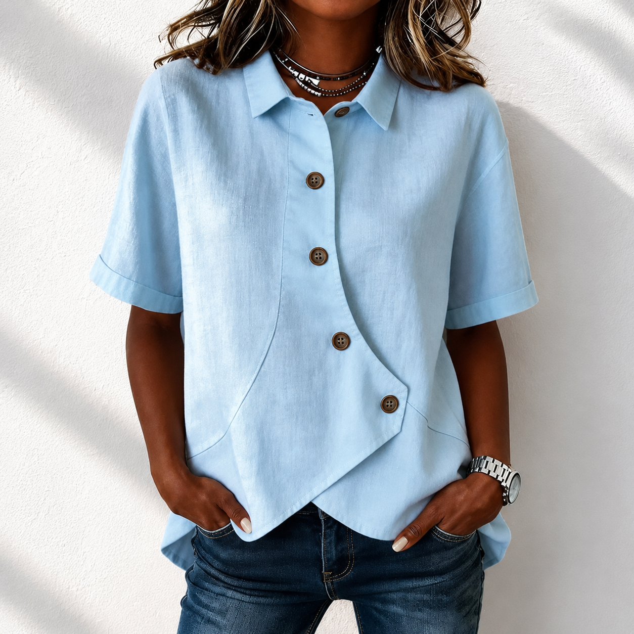 Elegant Solid Collared Button-up Short Sleeve Blouse