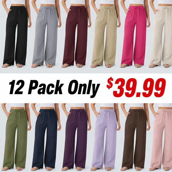 High Waisted Drawstring Pocket Wide Leg Baggy Casual Linen-Feel Pants