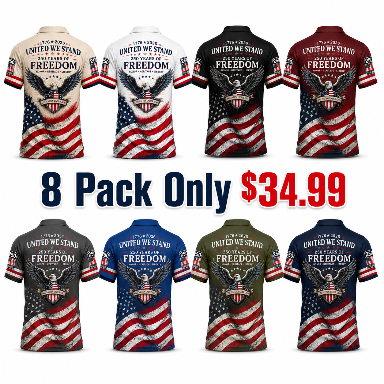 Men's Patriotic Polo Shirt, 1776-2026 250th Anniversary American Flag Eagle Graphic Short Sleeve Polo with Bold Back Print
