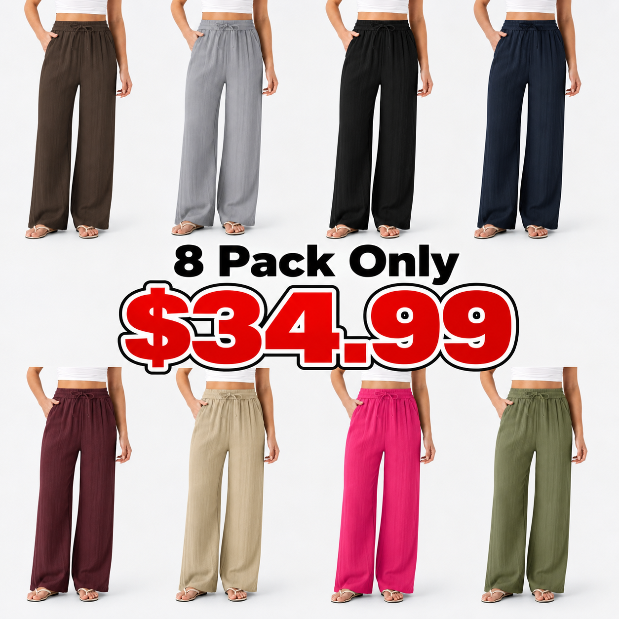 High Waisted Drawstring Pocket Wide Leg Baggy Casual Linen-Feel Pants