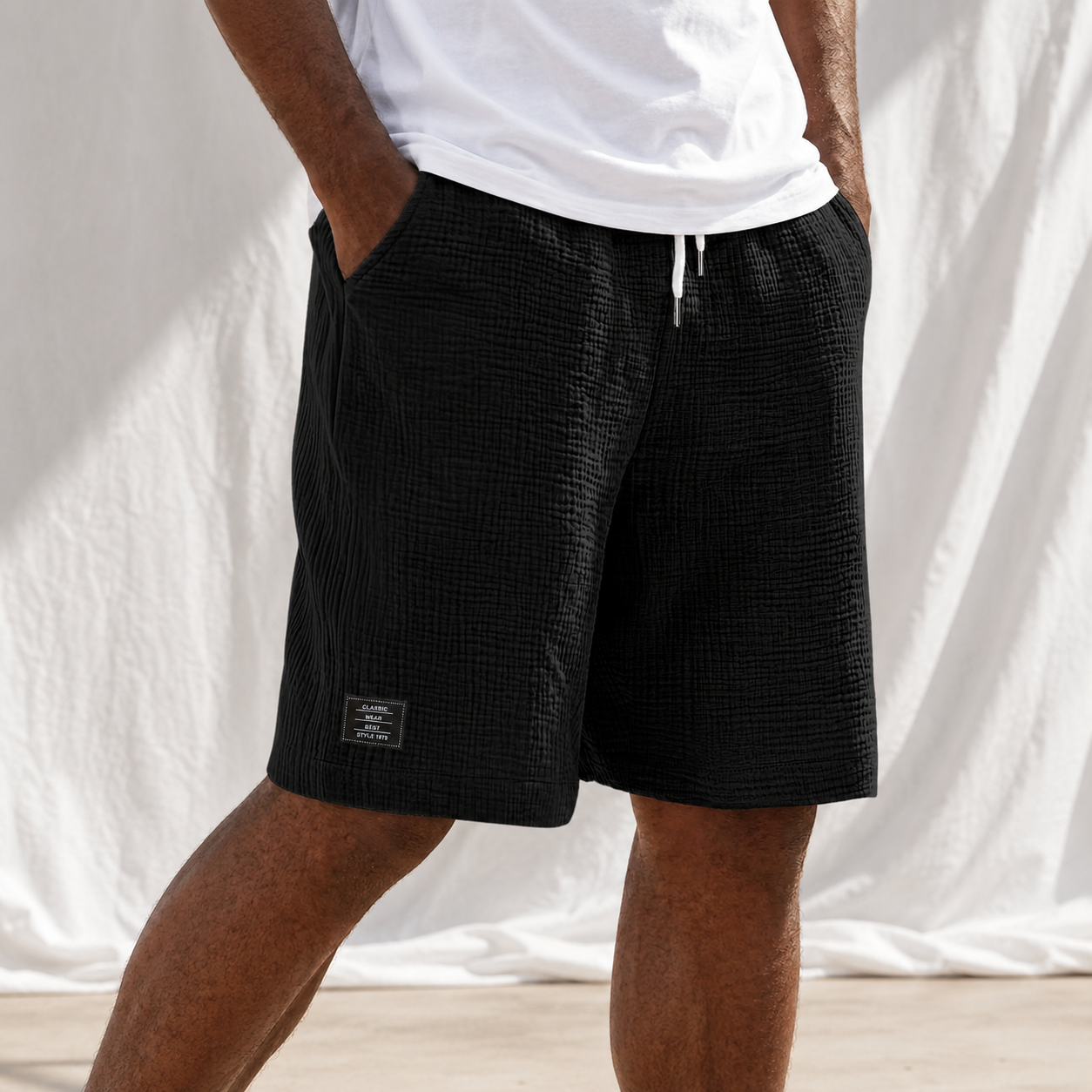 Men's Linen Crinkle Textured Logo Shorts