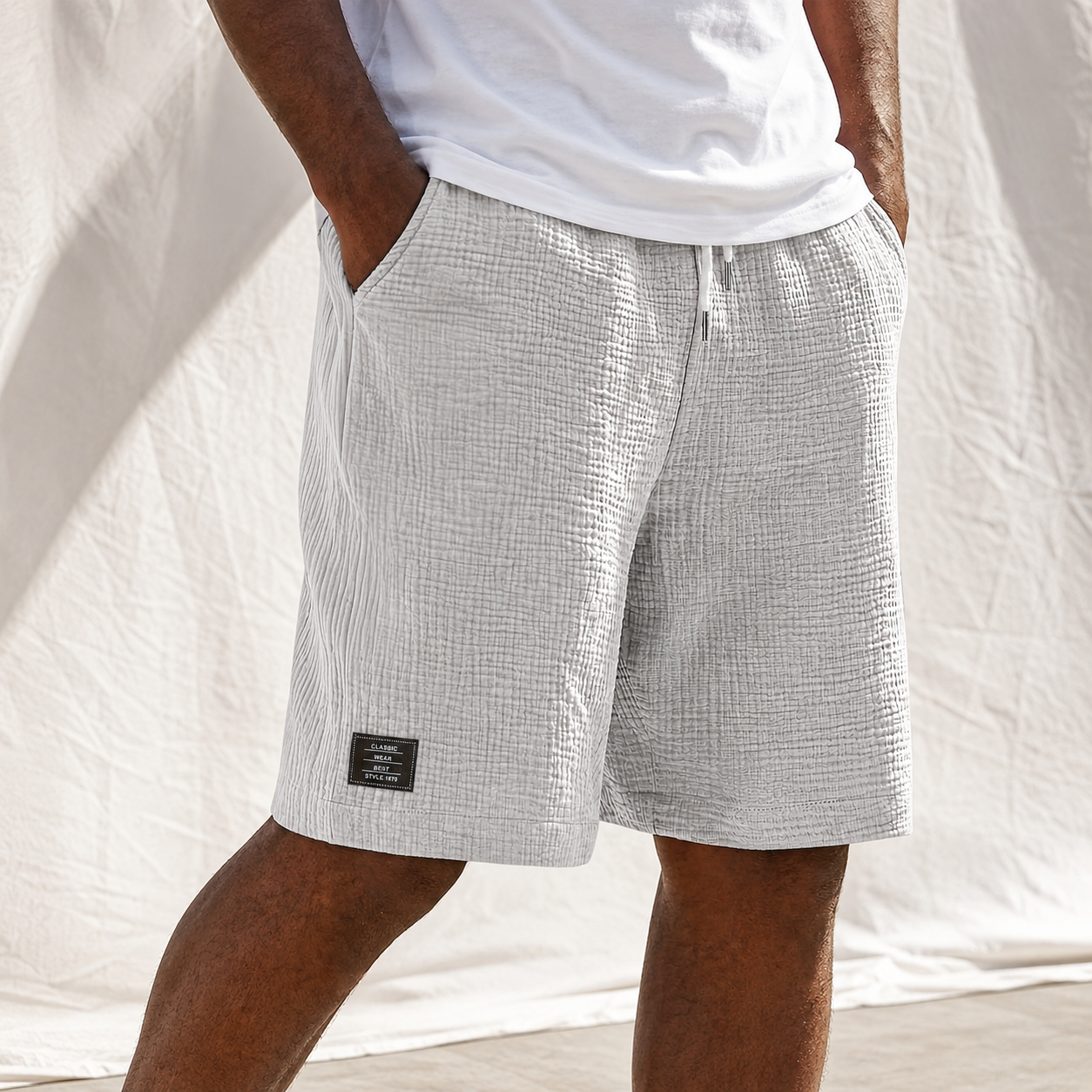 Men's Linen Crinkle Textured Logo Shorts