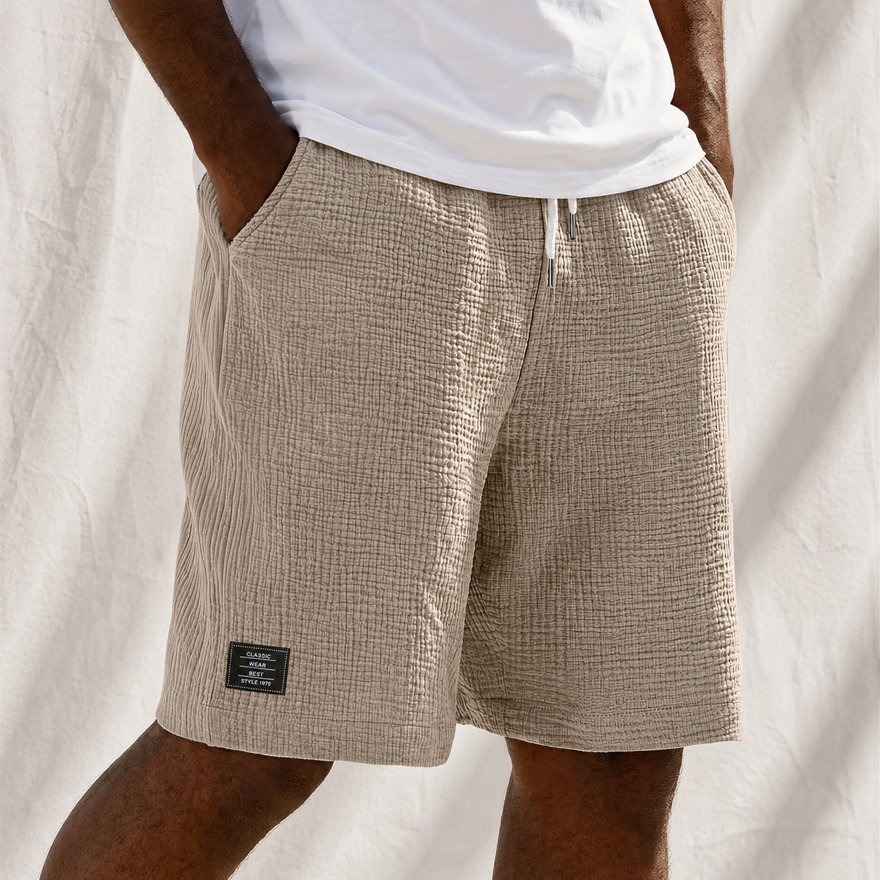 Men's Linen Crinkle Textured Logo Shorts