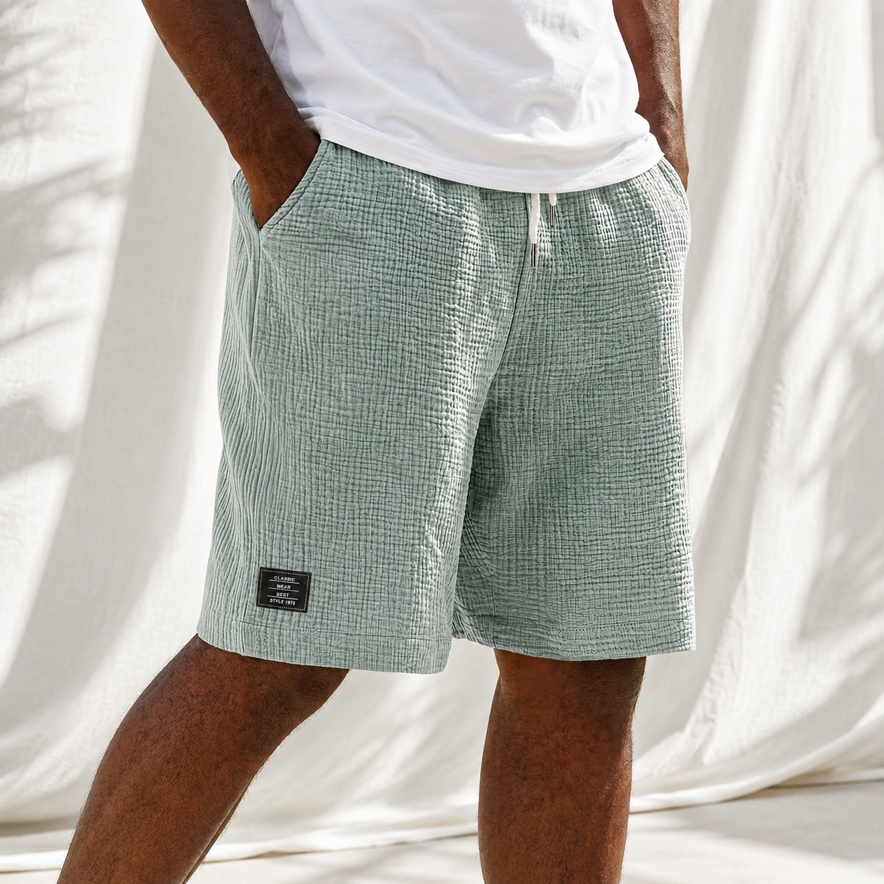 Men's Linen Crinkle Textured Logo Shorts