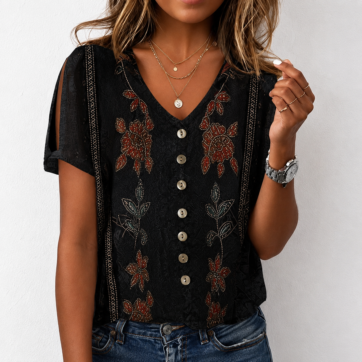 Loose Casual V Neck Printed Shirt