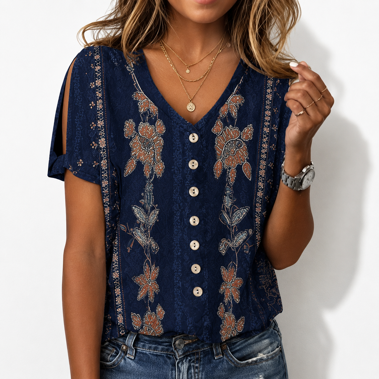 Loose Casual V Neck Printed Shirt