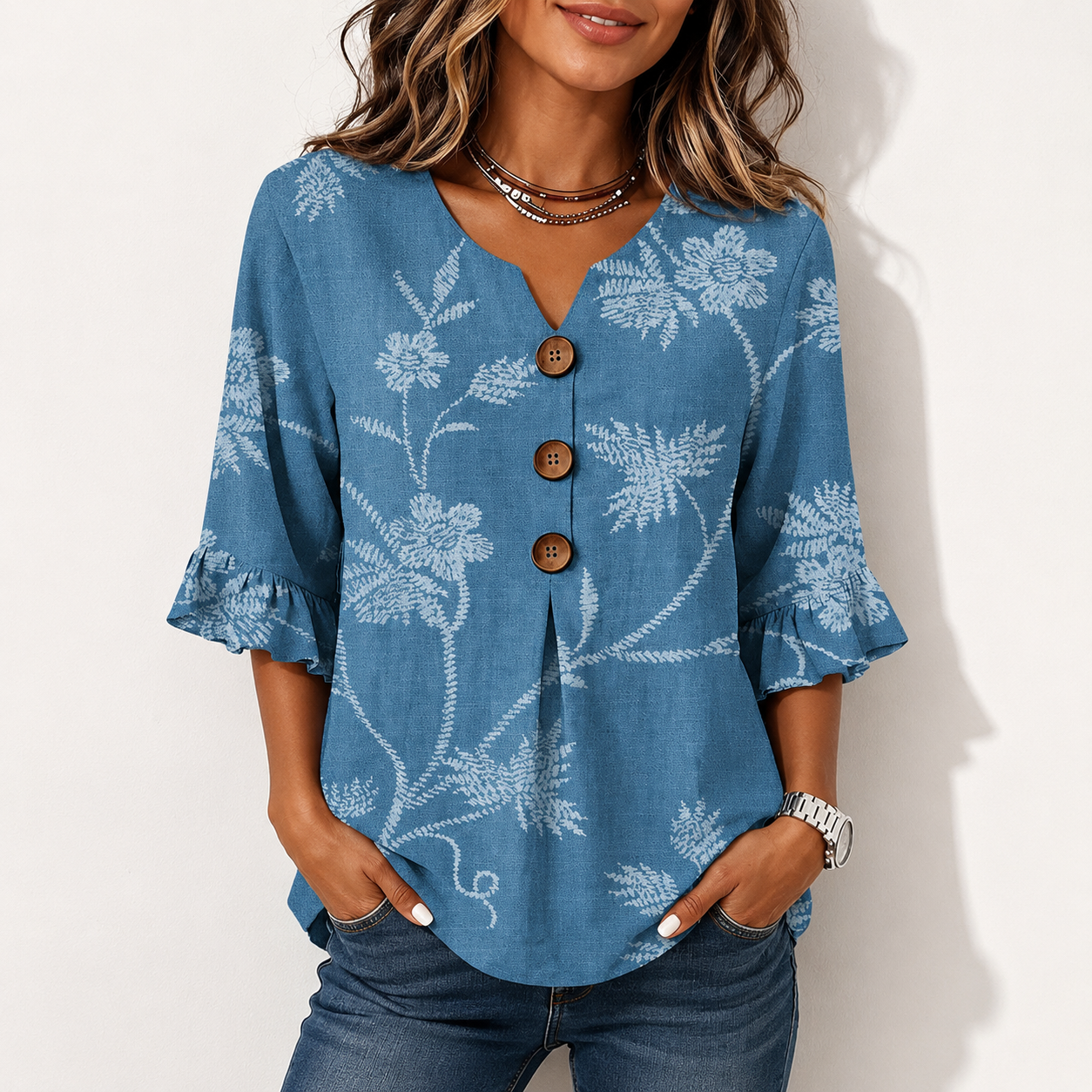 Boho Floral Print Button V-neck Blouse With Ruffle Sleeves