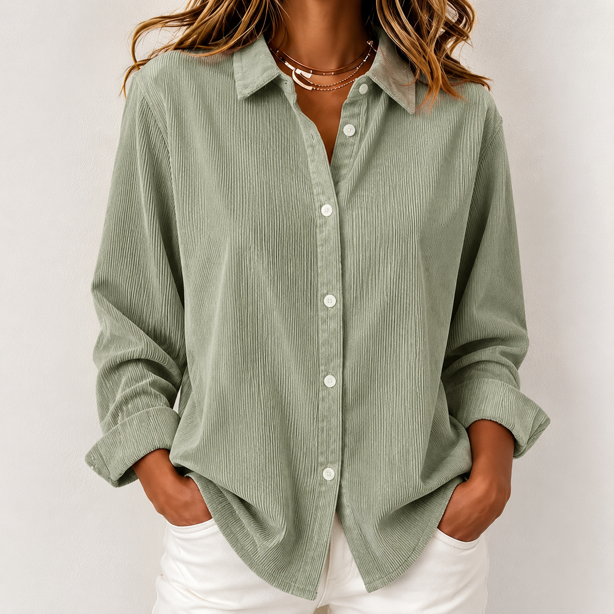 Loose Solid Color Corduroy Button Shirt
