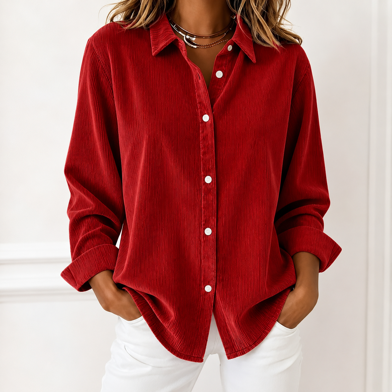 Loose Solid Color Corduroy Button Shirt