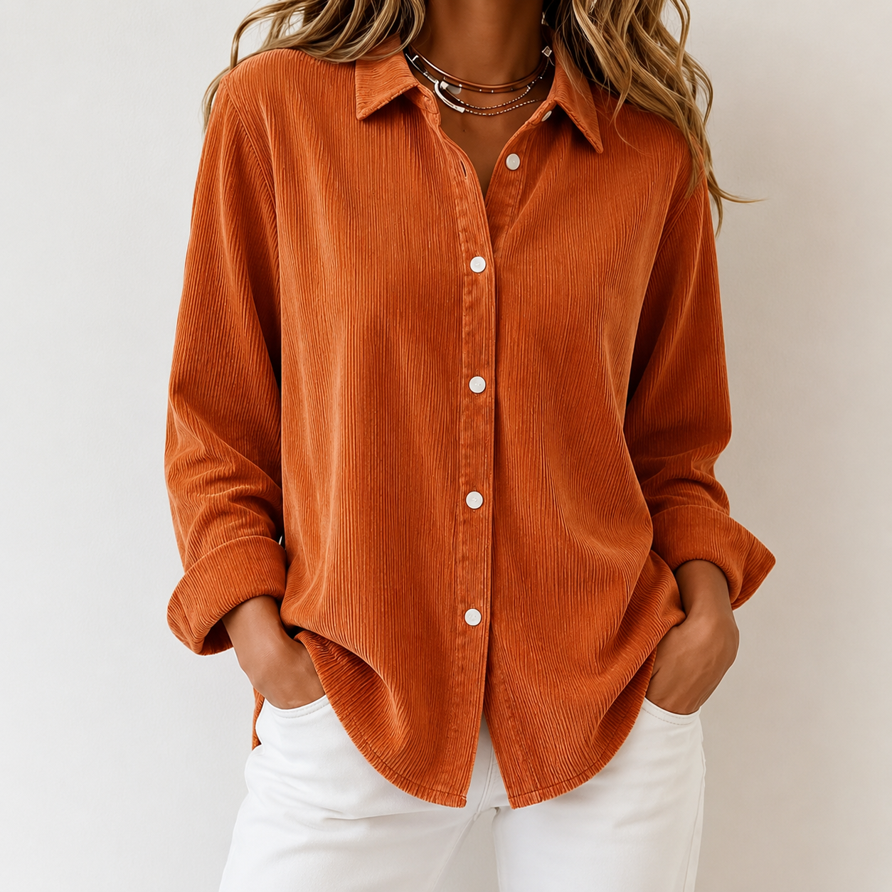 Loose Solid Color Corduroy Button Shirt