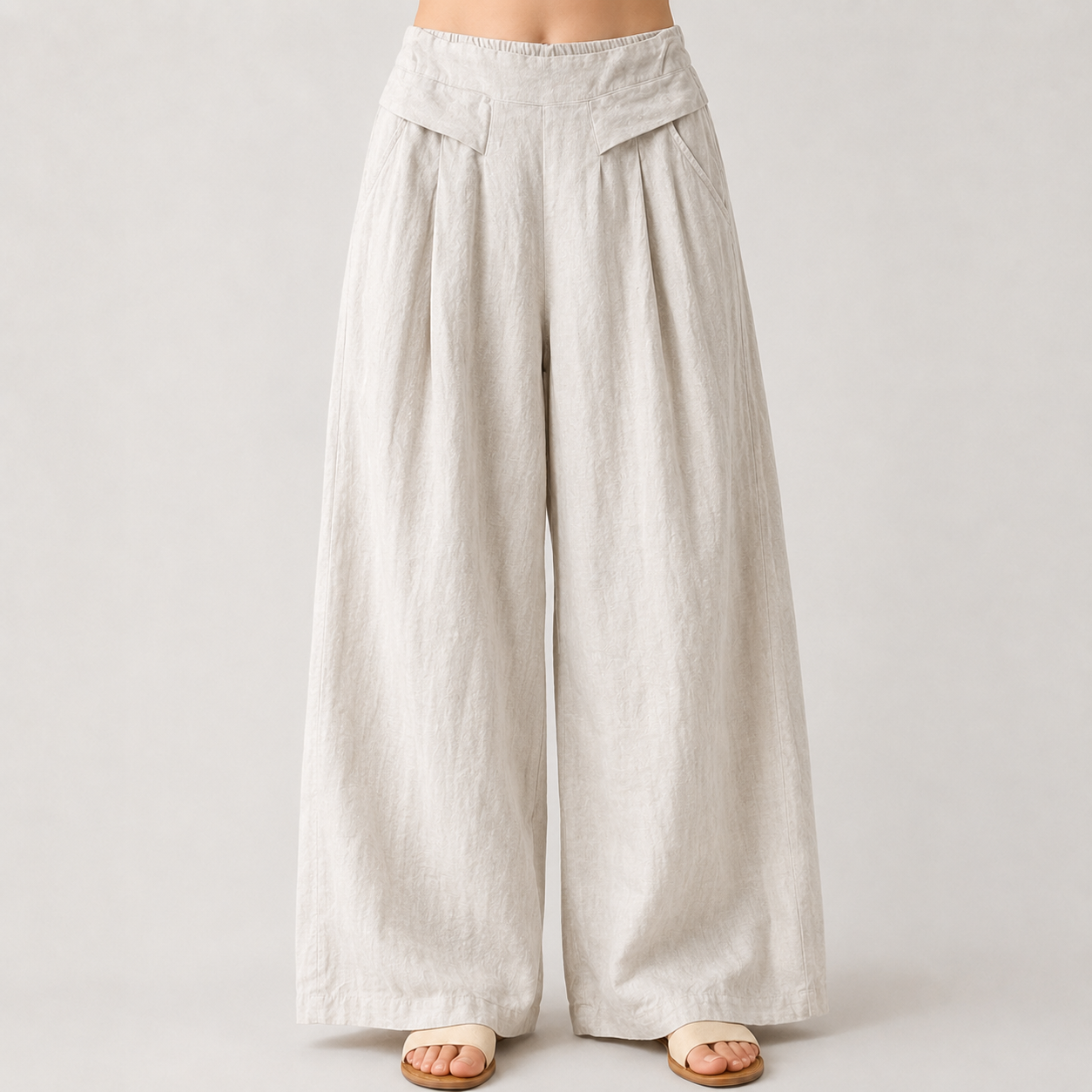 AuraLinen Plain Color Cotton Linen High Waist Wide Leg Pants With Pockets