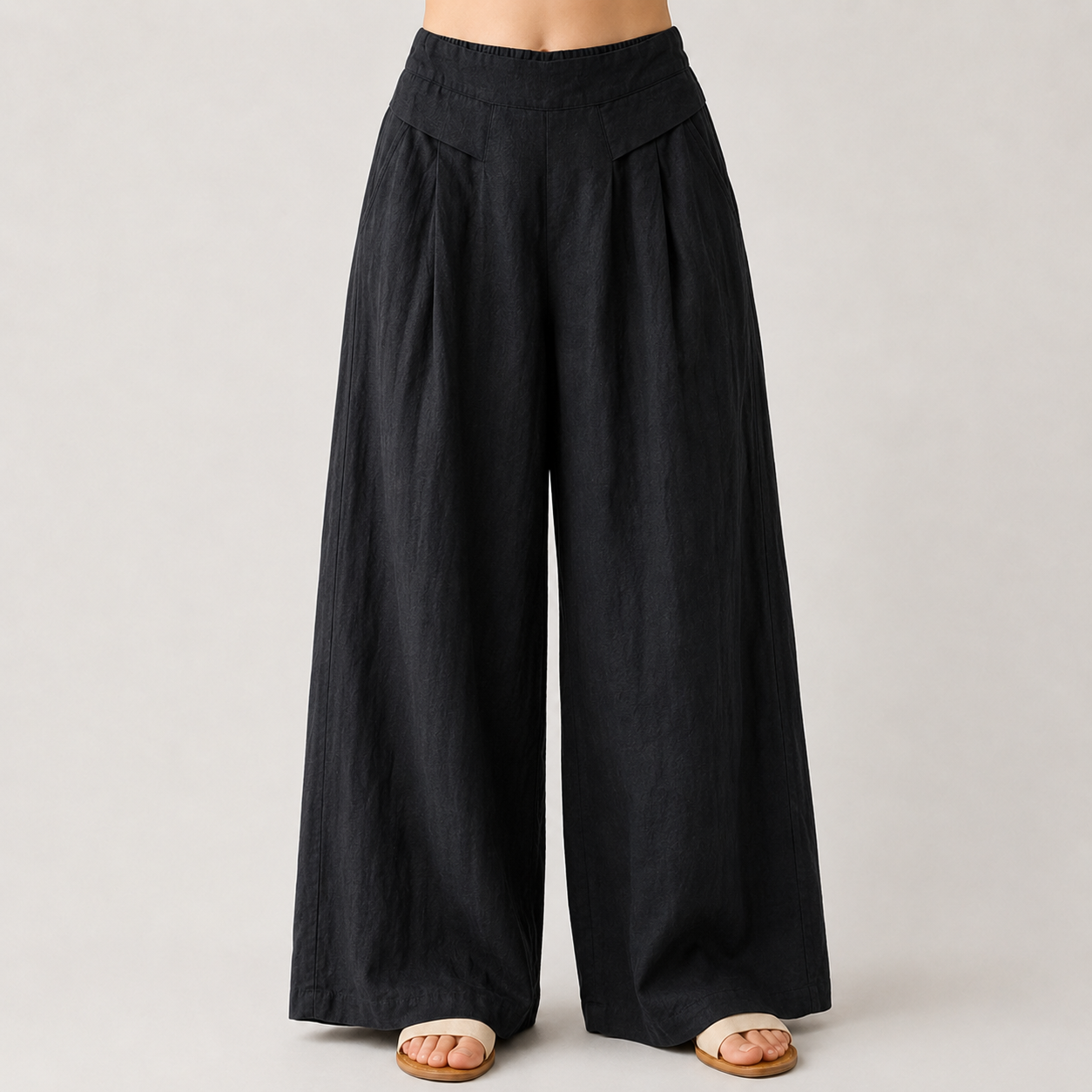 AuraLinen Plain Color Cotton Linen High Waist Wide Leg Pants With Pockets