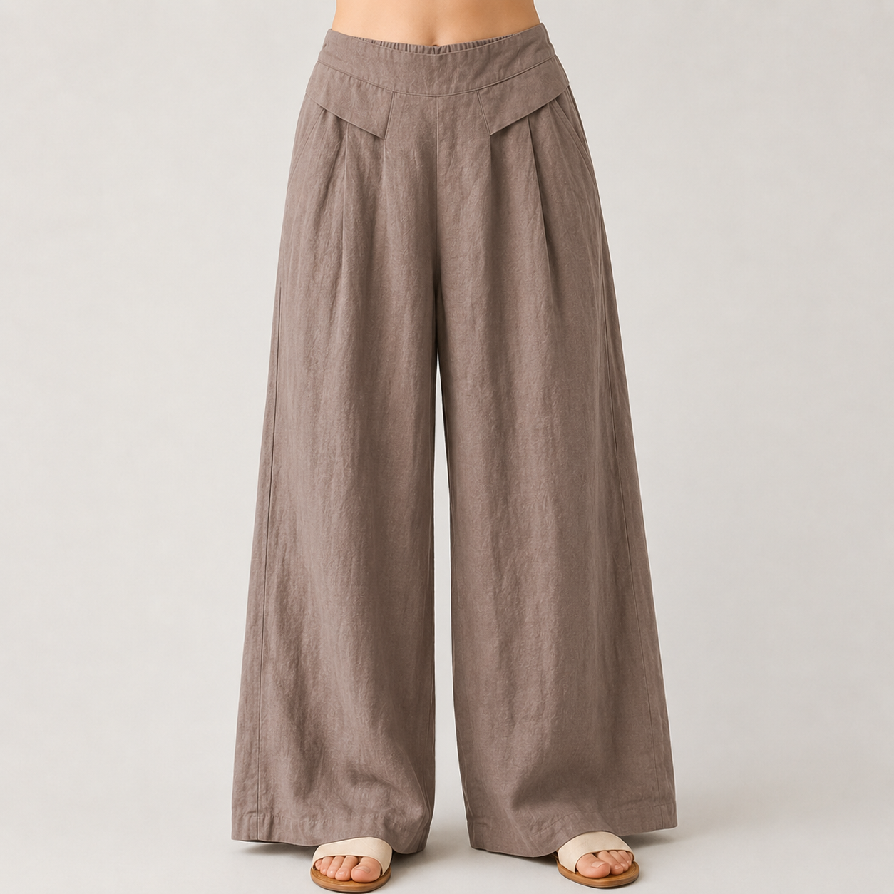 AuraLinen Plain Color Cotton Linen High Waist Wide Leg Pants With Pockets